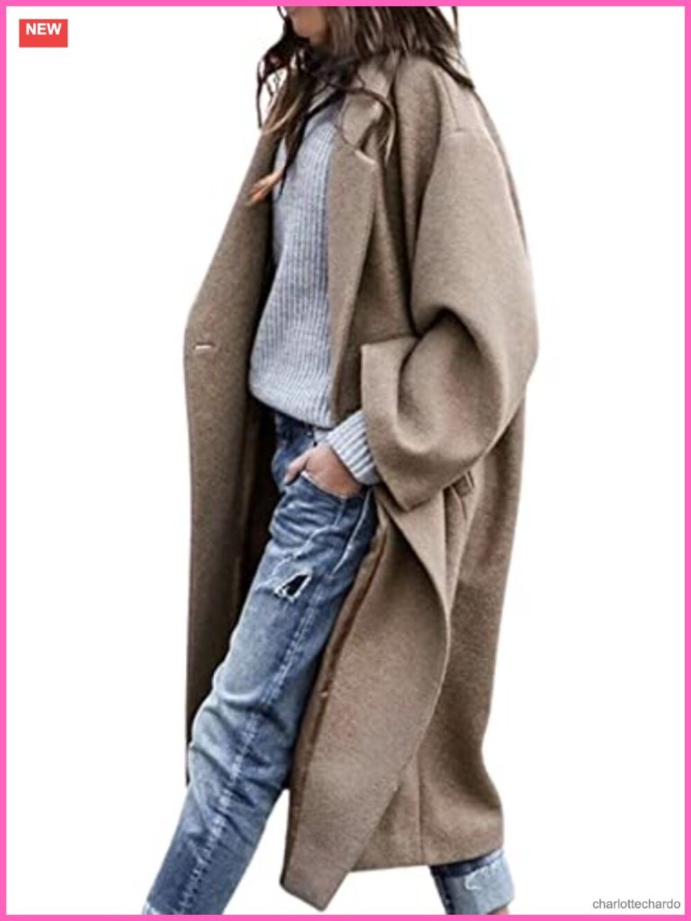 Oversized Notched Collar Wool Blend Button Midi Long Trench Coat
